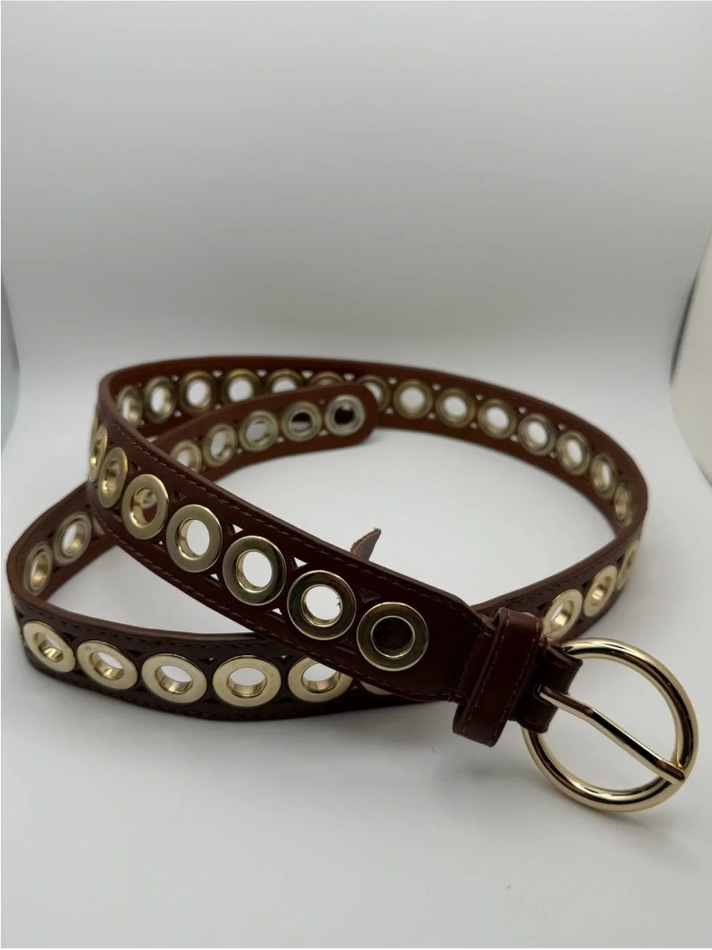 Sandro Brown Leather Grommet Belt with Gold-Tone Round Buckle